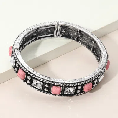 Fashnzfab Western Square Stone Studded Stretch Bracelet Pink, Silver Burnished In Multi