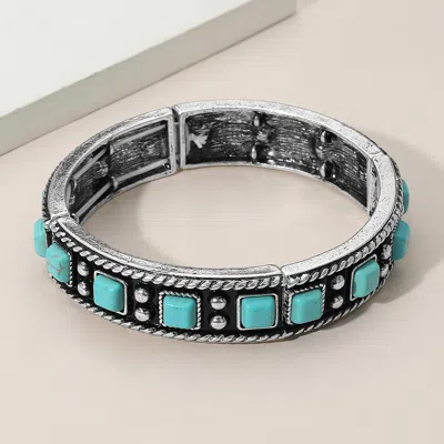 Fashnzfab Western Square Stone Studded Stretch Bracelet Silver Burnished, Turquoise In Multi