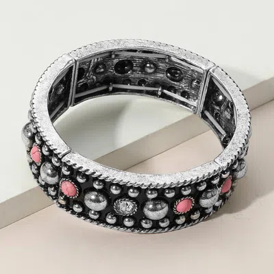 Fashnzfab Western Stone Metal Stud Embellished Stretch Bracelet Pink, Silver Burnished In Multi