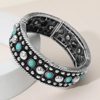Fashnzfab Western Stone Metal Stud Embellished Stretch Bracelet Silver Burnished, Turquoise In Multi