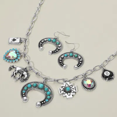 Fashnzfab Western Stone Studded Horseshoe Heart Card Horse Charm Station Necklace In Multi