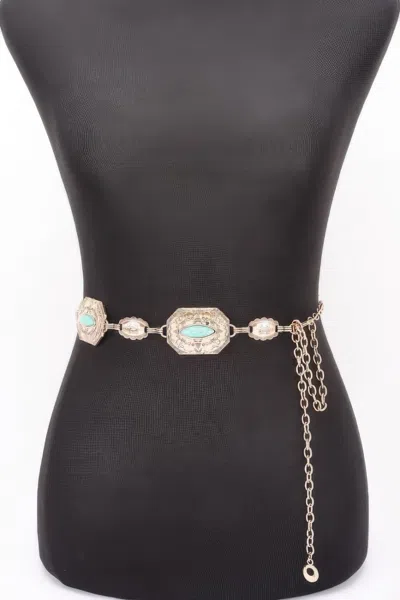 Fashnzfab Western Style Chain Belt With Turquoise Accent In Gold