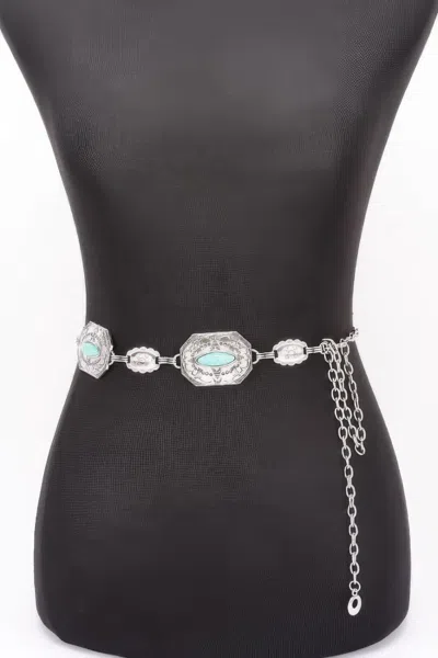 Fashnzfab Western Style Chain Belt With Turquoise Accent In Metallic