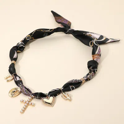 Fashnzfab Western Theme Pearl Cross Charm Station Fabric Scarf Necklace - Black, Gold In Multi