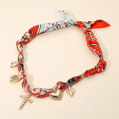 Fashnzfab Western Theme Pearl Cross Charm Station Fabric Scarf Necklace - Gold, Orange In Multi