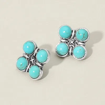 Fashnzfab Western Turquoise Bead Cluster Stud Earrings - Silver Burnished, Turquoise In Multi