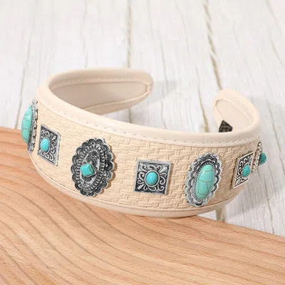 Fashnzfab Western Turquoise Concho Embellished Woven Wide Headband - Ivory, Silver Burnished, Turquoise In Multi