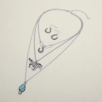 Fashnzfab Western Turquoise Teardrop Horse Horseshoe Charm Accent Layered Necklace In Silver