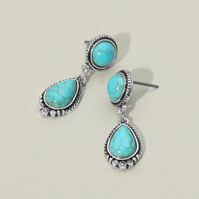 Fashnzfab Western Turquoise Teardrop Stone Dangle Earrings - Silver Burnished, Turquoise In Blue