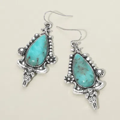 Fashnzfab Western Turquoise Teardrop Stone Steer Head Charm Earrings Silver Burnished, Turquoise In Metallic