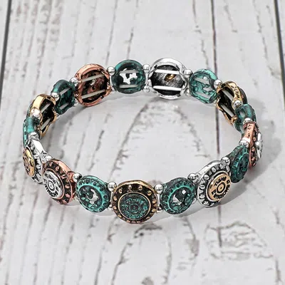 Fashnzfab Western Vintage Round Shotgun Shell Beaded Stretch Bracelet Patina Verdigris In Multi