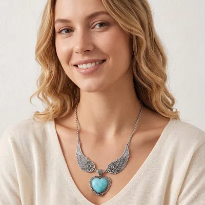 Fashnzfab Western Vintage Winged Heart Pendant Statement Necklace In Blue