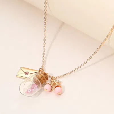 Fashnzfab Whimsical Glass Bottle Envelope Cherry Charm Pendant Necklace - Gold, Pink In Multi