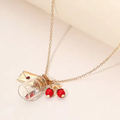 Fashnzfab Whimsical Glass Bottle Envelope Cherry Charm Pendant Necklace - Gold, Red In Multi