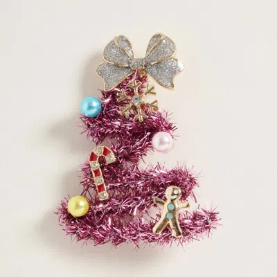 Fashnzfab Whimsical Pearl Bow Snowflake Charm Tinsel Christmas Tree Pin Brooch In Pink