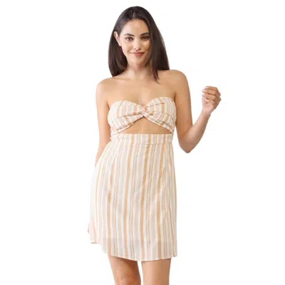 Fashnzfab White & Apricot Stripe Print Strapless Twist Cut-out Smocked Back Mini Dress In Multi