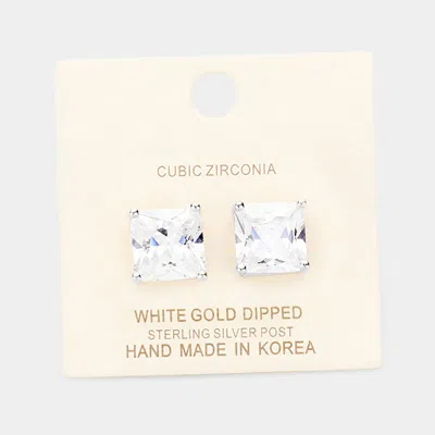 Fashnzfab White Gold Dipped 11mm Cubic Zirconia Square Stud Earrings In Silver