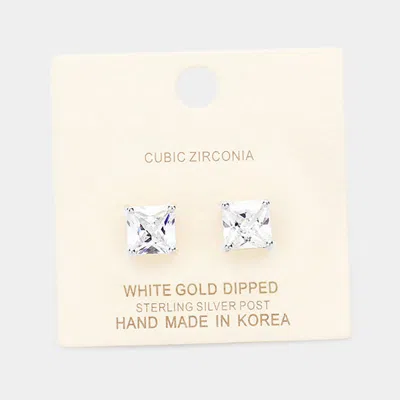 Fashnzfab White Gold Dipped 8mm Cubic Zirconia Square Stud Earrings In Silver