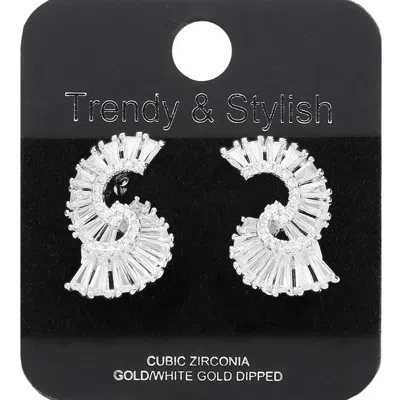 Fashnzfab White Gold Dipped Abstract Cz Stone Embellished Stud Earrings In Black