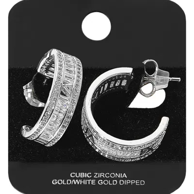 Fashnzfab White Gold Dipped Baguette Cut Cz Stone Hoop Earrings In Multi