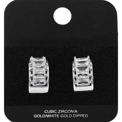 Fashnzfab White Gold Dipped Baguette Cz Around Mini Half Open Hoop Earrings Rhodium In Metallic