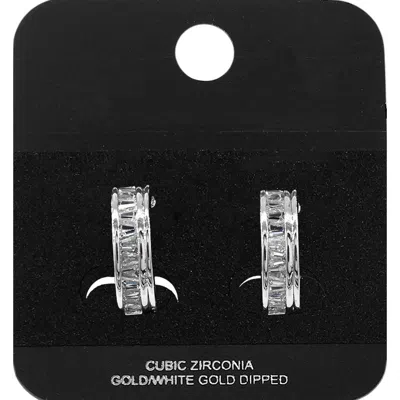 Fashnzfab White Gold Dipped Baguette Cz Embellished Mini Open Hoop Earrings Rhodium