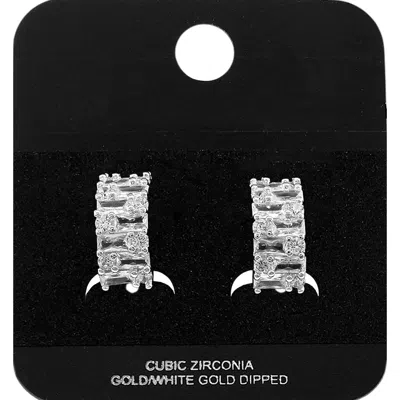 Fashnzfab White Gold Dipped Baguette Cz Mini Half Hoop Earrings Rhodium In Silver