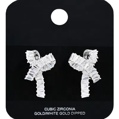 Fashnzfab White Gold Dipped Baguette Cz Stone Bow Stud Earrings In Multi