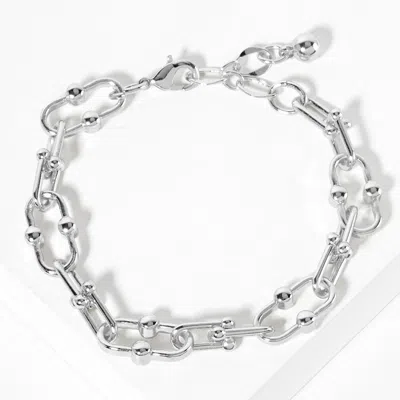 Fashnzfab White Gold Dipped Bead Pointed Oval Link Chain Bracelet Rhodium In Multi