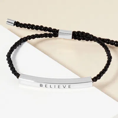 Fashnzfab White Gold Dipped Believe Message Bar Pointed Rope Adjustable Cinch Pull Tie Bracelet Rhodium In Black