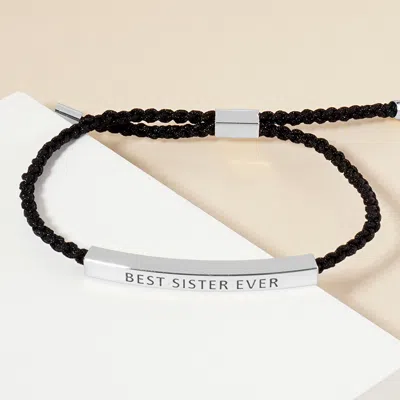 Fashnzfab White Gold Dipped Best Sister Message Bar Pointed Rope Adjustable Cinch Pull Tie Bracelet Rhodium In Black