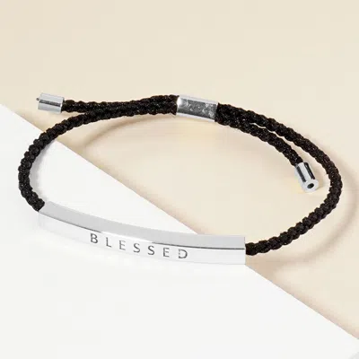 Fashnzfab White Gold Dipped Blessed Message Bar Pointed Rope Adjustable Cinch Pull Tie Bracelet In Black