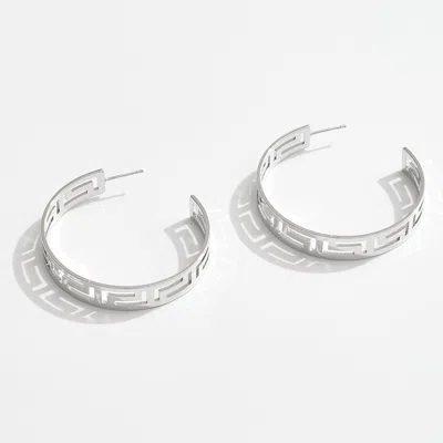 Fashnzfab White Gold Dipped Bold Greek Pattern Open Hoop Earrings In Multi