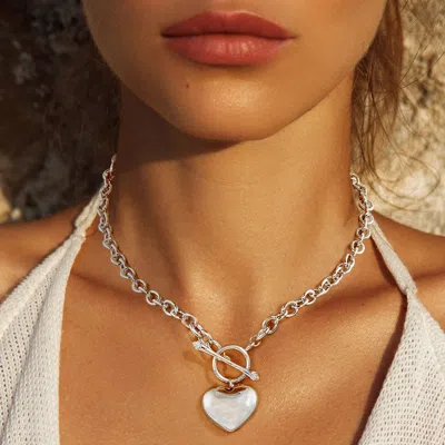 Fashnzfab White Gold Dipped Brass Metal Heart Pendant Toggle Necklace - Rhodium In Multi