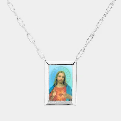 Fashnzfab White Gold Dipped Brass Metal Sacred Heart Of Jesus Pendant Necklace In Blue