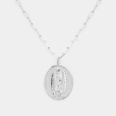Fashnzfab White Gold Dipped Brass Metal Virgin Mary Pendant Necklace