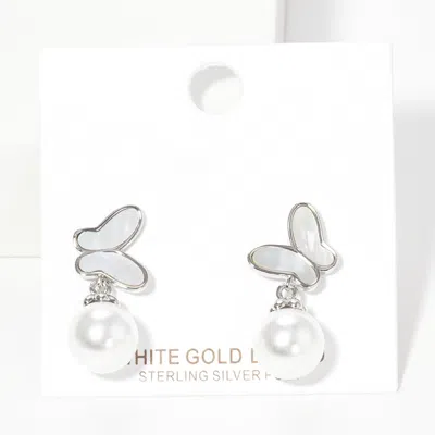 Fashnzfab White Gold Dipped Butterfly Pearl Stud Earrings In Metallic