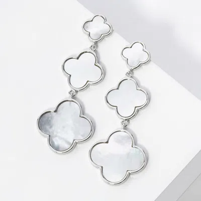 Fashnzfab White Gold Dipped Cascading Triple Quatrefoil Link Drop Earrings In Silver