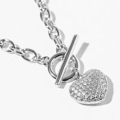 Fashnzfab White Gold Dipped Chunky Chain Cz Stone Paved Puff Heart Toggle Pendant Necklace In Multi