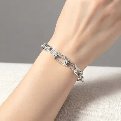 Fashnzfab White Gold Dipped Chunky Double Layered Paperclip Chain Bracelet In Silver