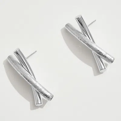 Fashnzfab White Gold Dipped Crisscross Bar Earrings - Silver