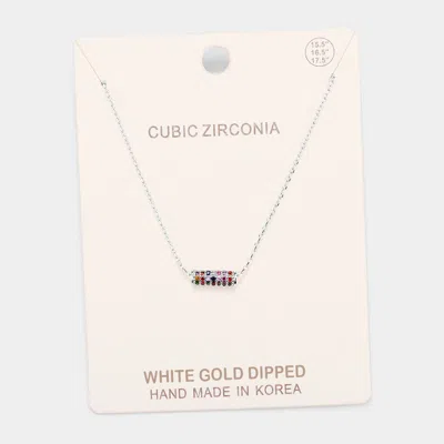 Fashnzfab White Gold Dipped Cubic Zirconia Bar Pendant Necklace In Metallic