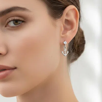 Fashnzfab White Gold Dipped Cz Accent Anchor Charm Drop Dangle Earrings