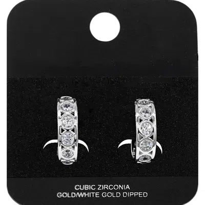 Fashnzfab White Gold Dipped Oval Cz Bezel Around Mini Open Hoop Earrings Rhodium In Pink