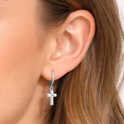 Fashnzfab White Gold Dipped Cz Center Cross Charm Drop Mini Huggie Hoop Earrings