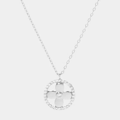 Fashnzfab White Gold Dipped Cz Centered Metal Quatrefoil Round Pendant Necklace In Metallic