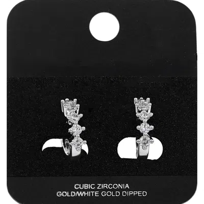Fashnzfab White Gold Dipped Cz Cluster Around Mini Open Hoop Earrings Rhodium In Silver