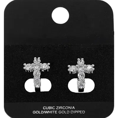 Fashnzfab White Gold Dipped Cz Cluster Cross Mini Open Hoop Earrings Rhodium