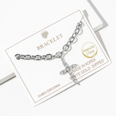 Fashnzfab White Gold Dipped Cz Cross Charm Chain Magnetic Bracelet In Silver