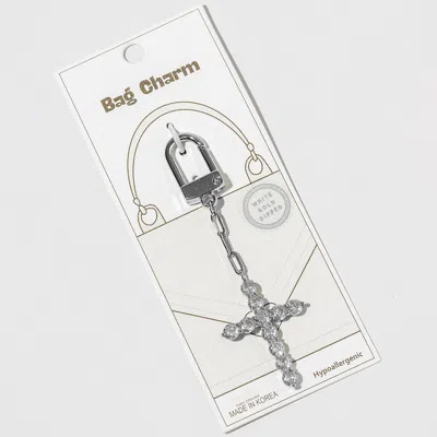Fashnzfab White Gold Dipped Cz Cross Drop Keychain Bag Charm In Metallic